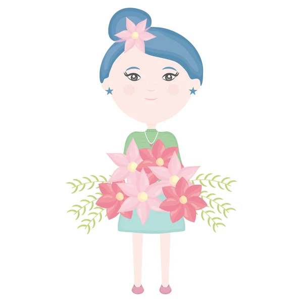 Linda chica con ramo de flores y flores en el carácter del pelo — Vector de stock