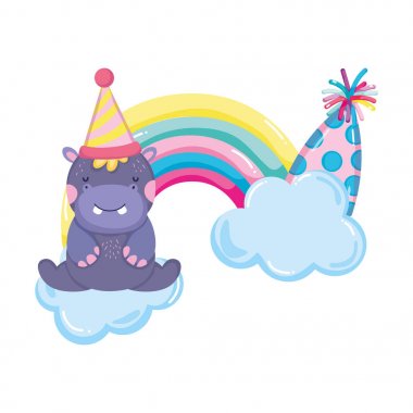 parti şapka ve gökkuşağı ile sevimli ve küçük su aygırı