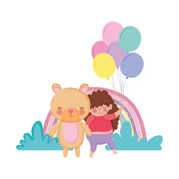 Niña gordita con arco iris y globos helio — Vector de stock