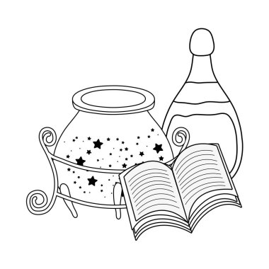 iksir şişe ve kitap ile sihirli cadı kazan