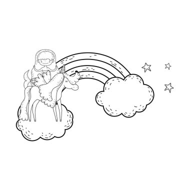 bulutlar içinde tek boynuzlu at ve gökkuşağı ile mermaid