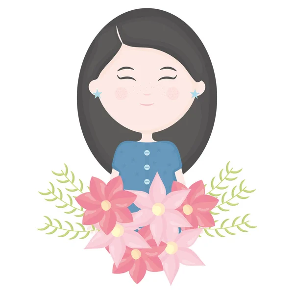 Menina bonito com caráter buquê floral — Vetor de Stock