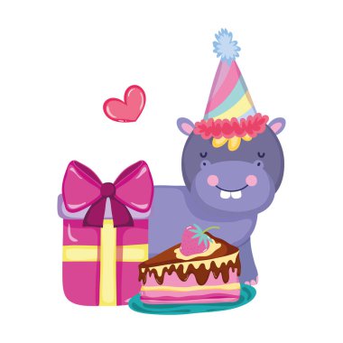 parti şapka ile sevimli ve küçük Hippo karakter