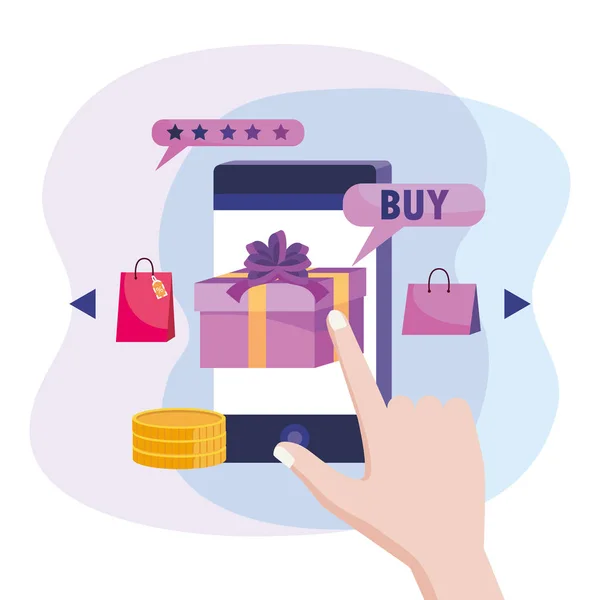 Hand med smartphone-teknik och online shopping — Stock vektor