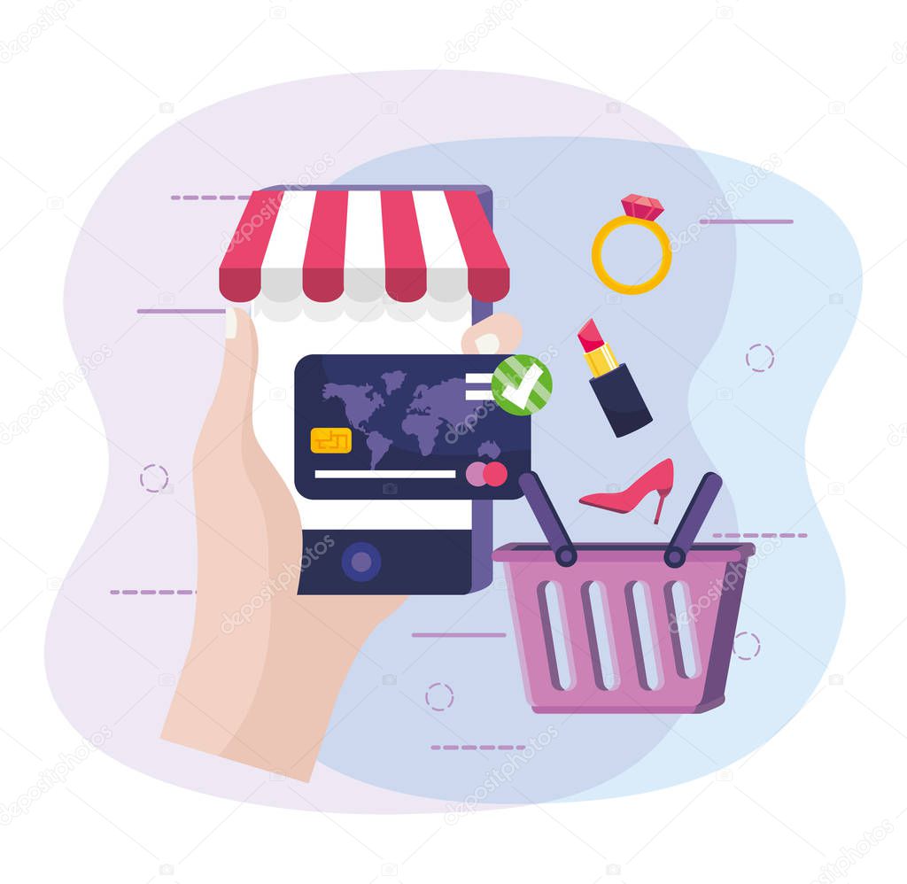 hand with smartphone to online buy and credit card