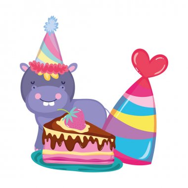 parti şapka ile sevimli ve küçük Hippo karakter