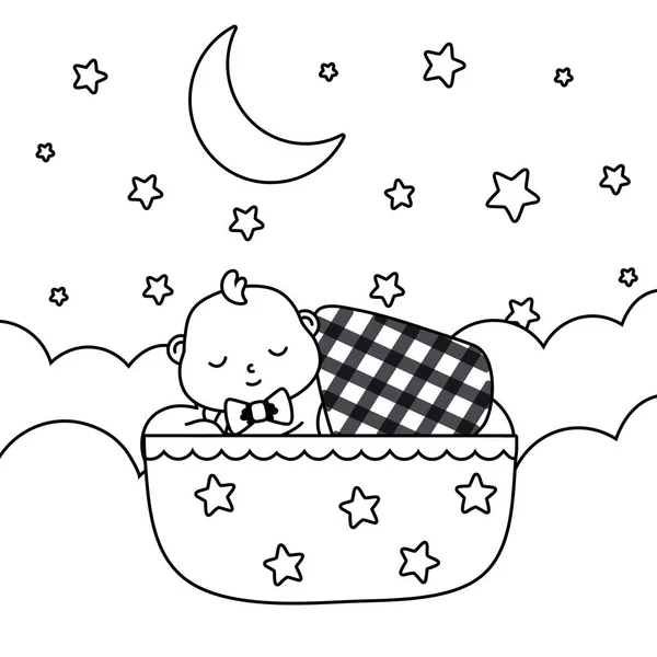 Bebé durmiendo en una cuna en blanco y negro — Vector de stock