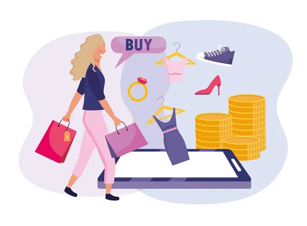 Woman with shopping bags and smartphone ecommerce — Stock Vector