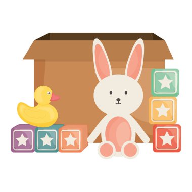 ördekli kare çerçeve ve doğum günü elemanları vektör illustraitor ile doldurulmuş tavşan ve küpler