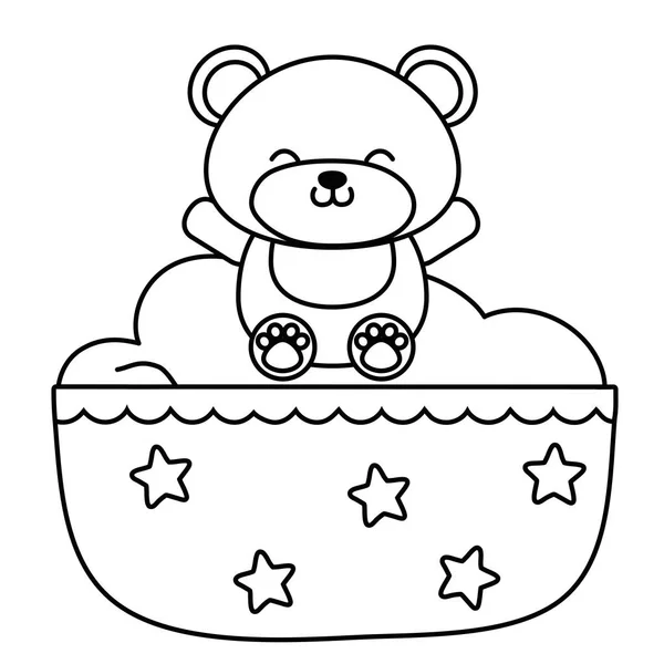 Cradle with toy bear in black and white — Stock Vector