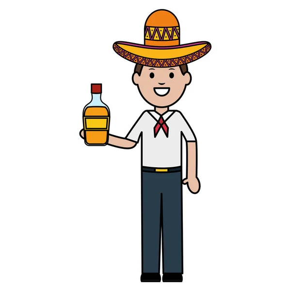 Pria meksiko dengan karakter botol tequila - Stok Vektor
