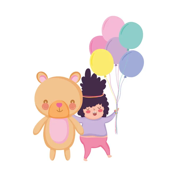 Niña gordita con globos aire y oso de peluche — Vector de stock