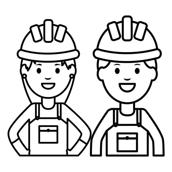 Pareja constructores trabajadores con cascos — Vector de stock