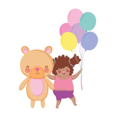 Balonlar hava ve ayı oyuncak ile küçük tombul kız