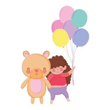 Balonlar hava ve ayı oyuncak ile küçük tombul kız