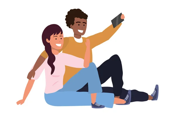 Millennial couple smartphone taking selfie — Stock Vector