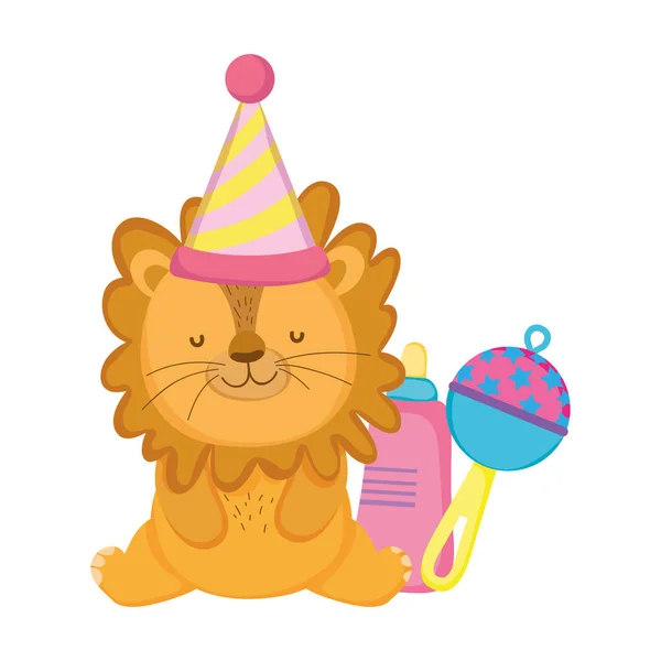 Lindo y pequeño león con sombrero de fiesta — Vector de stock