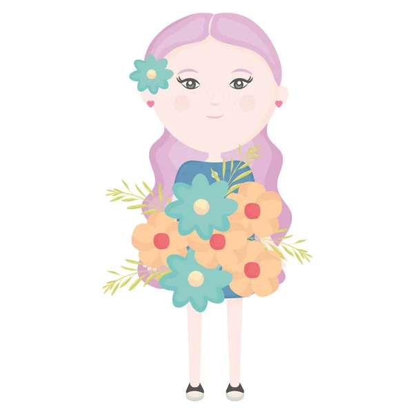 Linda chica con ramo de flores y flores en el carácter del pelo — Vector de stock