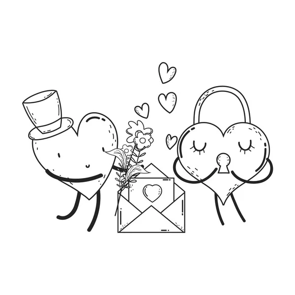 Corações amor casal kawaii personagens — Vetor de Stock