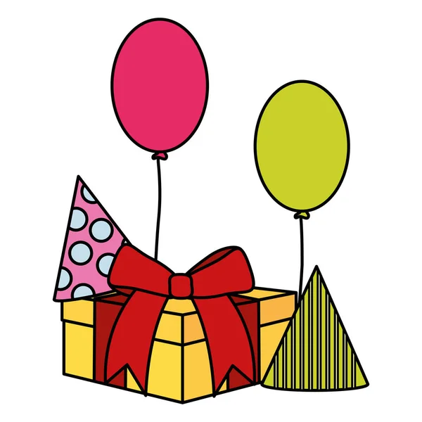 Caja de regalo con sombrero de fiesta y globos de helio flotante — Vector de stock