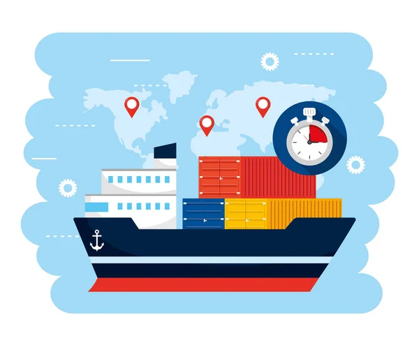 Transporte de navios com contendores e localização global do mapa —  Vetores de Stock