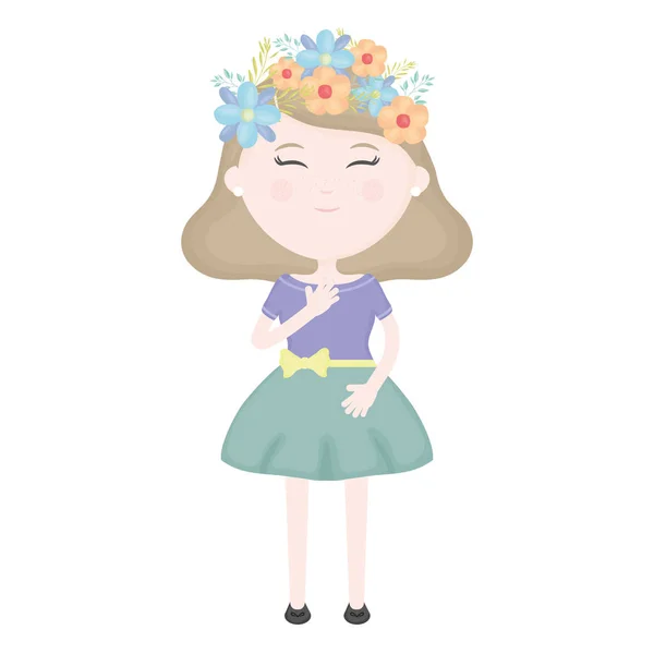 Linda niña con corona floral en el carácter del pelo — Vector de stock