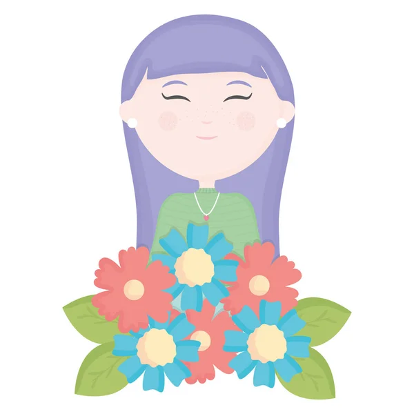 Linda niña con carácter ramo de flores — Vector de stock