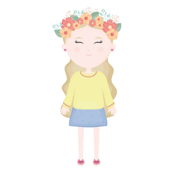 Menina bonito com coroa floral no personagem de cabelo — Vetor de Stock