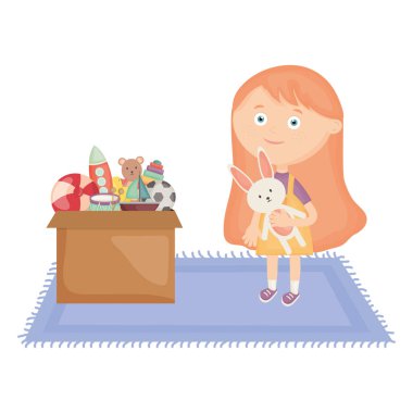tavşan ile sevimli küçük kız doldurulmuş ve oyuncak kutusu