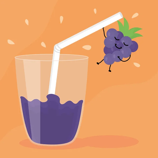 Vidro com suco de uvas fruta fresca caráter kawaii — Vetor de Stock