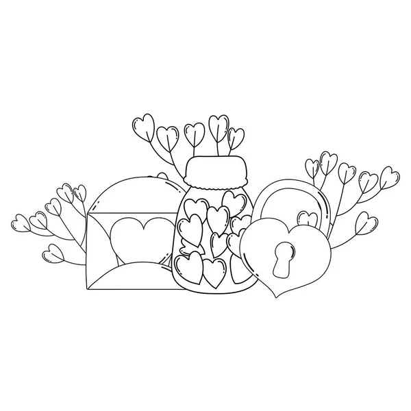 Enveloppe coeur avec fleurs et cadenas — Image vectorielle