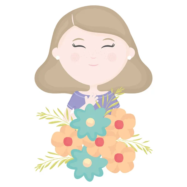 Linda niña con carácter ramo de flores — Vector de stock