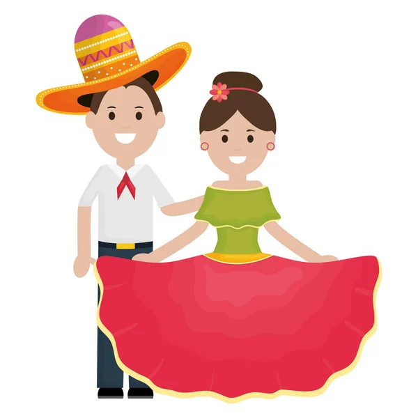 Pareja de mexicanos tradicionales con personajes de sombrero de mariachi — Vector de stock