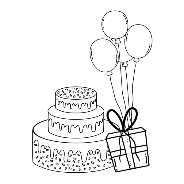 Party sweet cake with gifts and balloons helium — Stock Vector