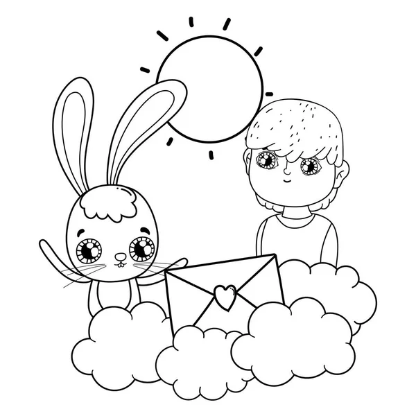 年轻的可爱情人男孩与兔子 — 图库矢量图片