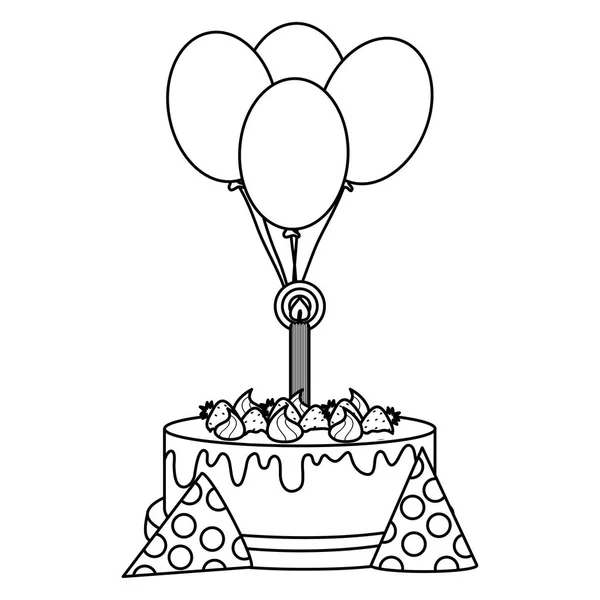 美味的甜蛋糕与草莓和蜡烛，气球氦气 — 图库矢量图片
