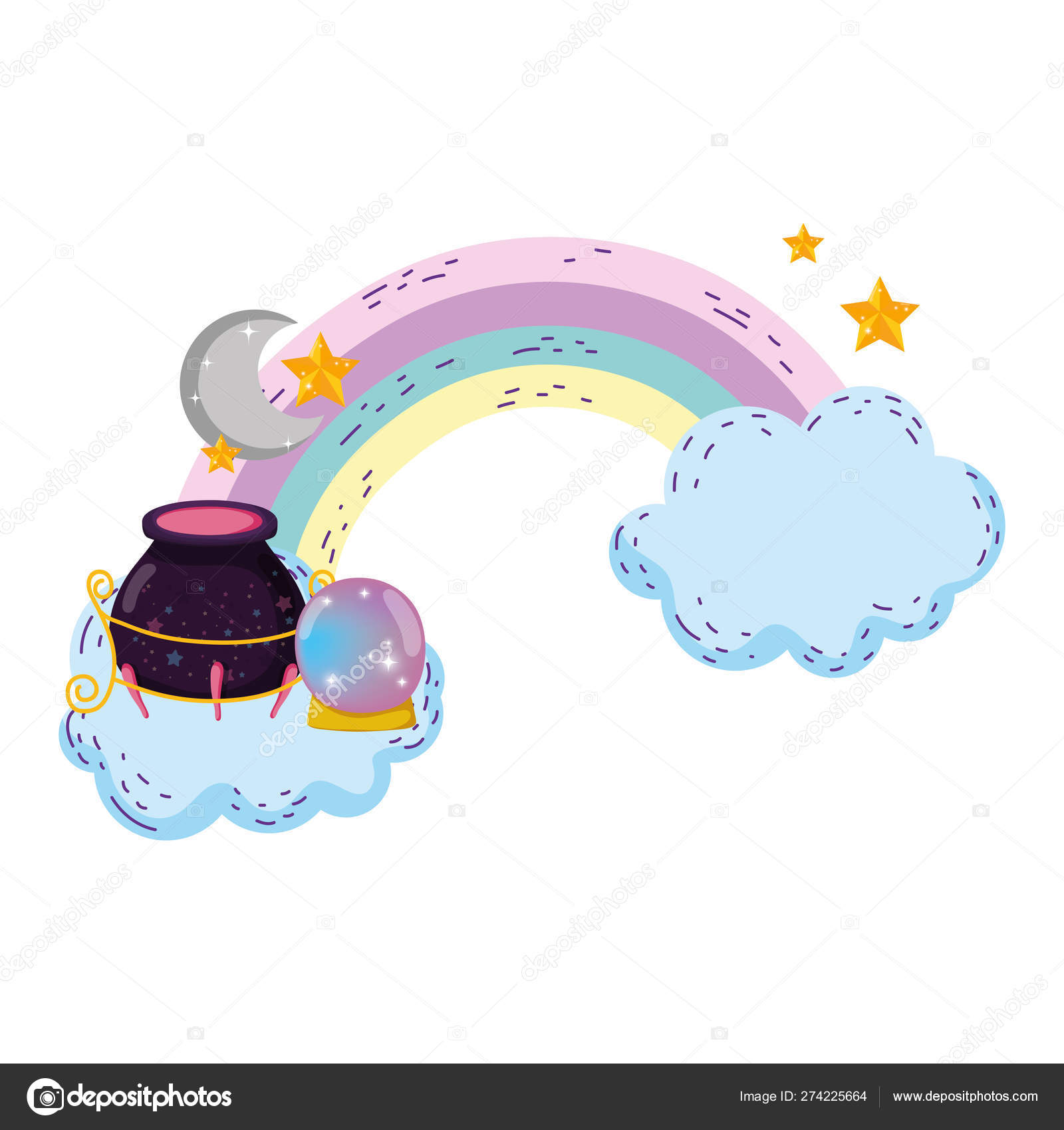 Chaudron magique de sorcière avec boule de cristal dans l'arc-en-ciel  Vecteur par ©stockgiu 274225664