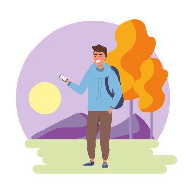 Bin yıllık öğrenci akıllı telefon açık havada kullanarak