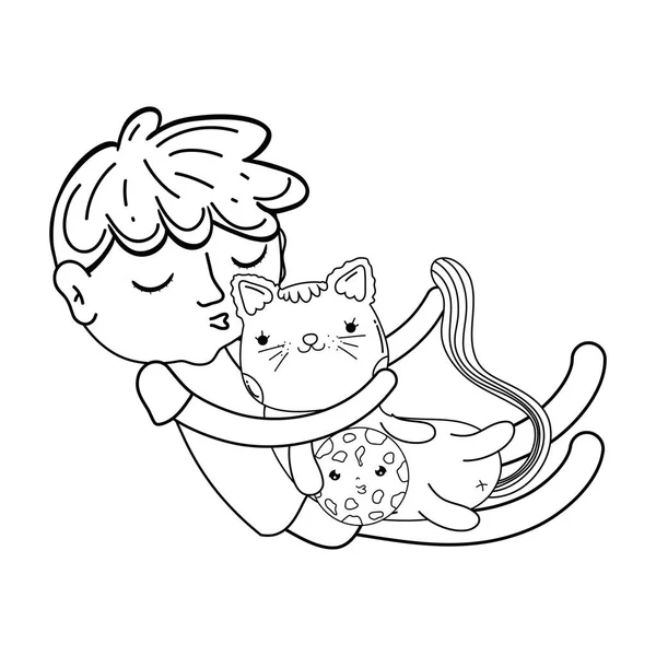 Little boy with cat kawaii character — Stock Vector
