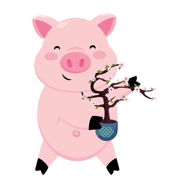 Porco com árvore de flores de cereja — Vetor de Stock
