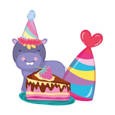 parti şapka ile sevimli ve küçük Hippo karakter