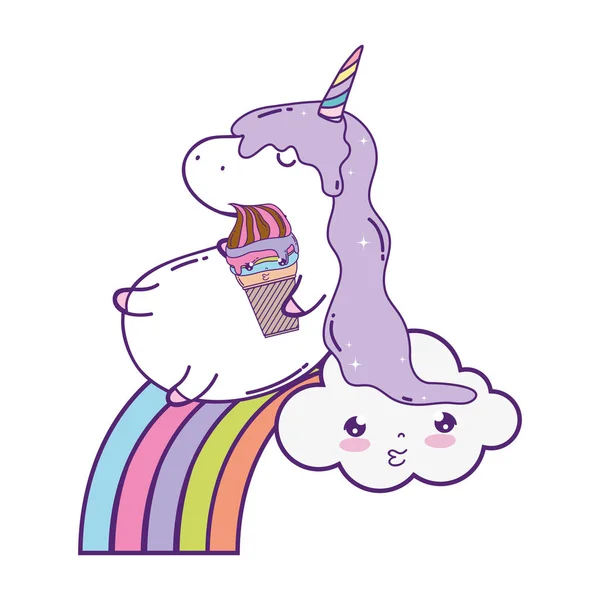 Unicorn lucu dengan awan dan kawaii pelangi - Stok Vektor