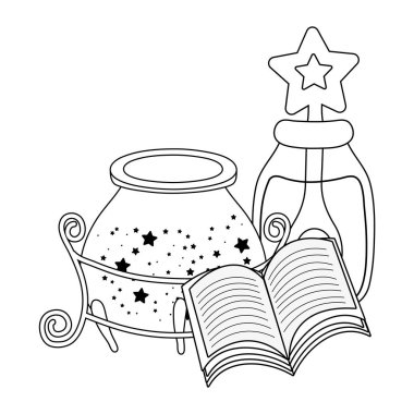 iksir şişe ve kitap ile sihirli cadı kazan