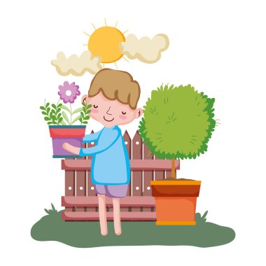 küçük çocuk ağaç ve çit ile houseplant kaldırma