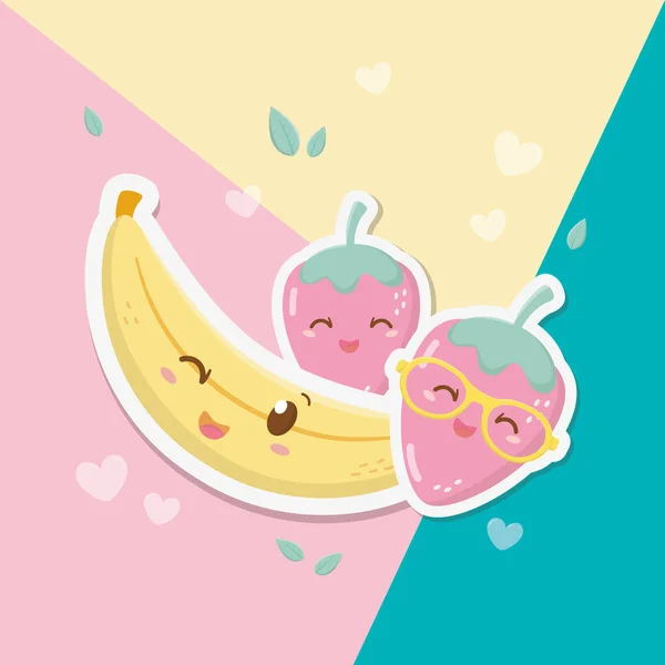 Fresh strawberry and banana fruits kawaii characters — Stock Vector