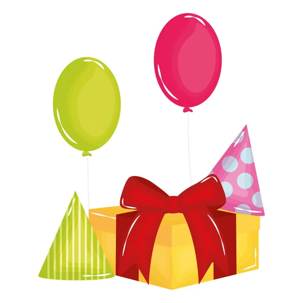 Caja de regalo con sombrero de fiesta y globos de helio flotante — Vector de stock