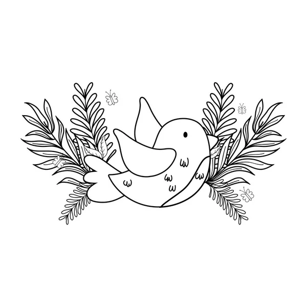 Mignon et petit oiseau volant avec jardin de fleurs — Image vectorielle