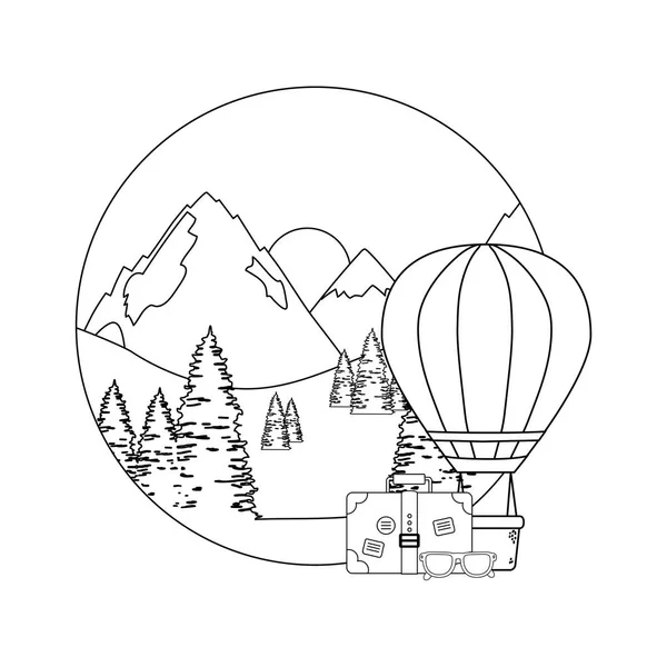 Ballon air chaud volant avec des pins et valise — Image vectorielle