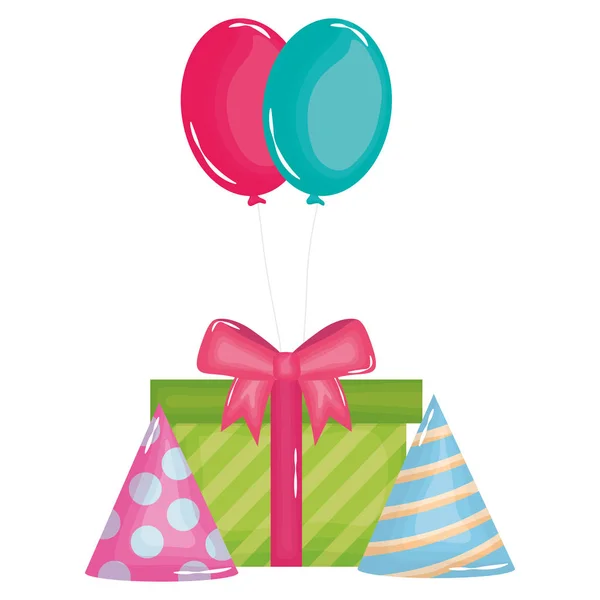 Caja de regalo con sombrero de fiesta y globos de helio flotante — Vector de stock