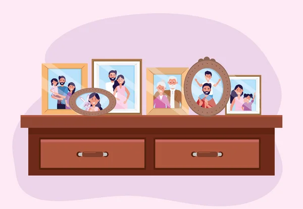 Propait met familiefoto's herinneringen in het dressoir — Stockvector